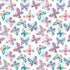 A seamless watercolor pattern of colorful butterflies in pink, teal, yellow, and orange on a light blue watercolor-textured background.