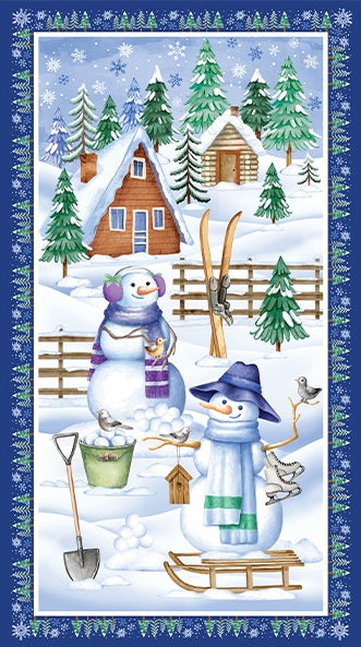 Winter scene with snowmen, trees, and a cabin on a blue border.