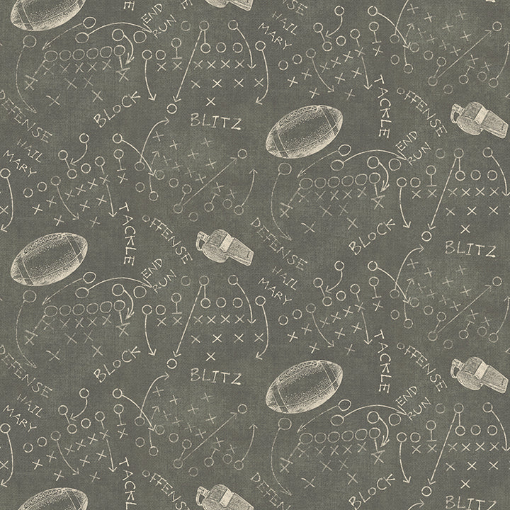 A repeating pattern of football-themed illustrations and play-call text on a dark gray background, including footballs, a whistle, tackles, and words like blitz, block, and rush.