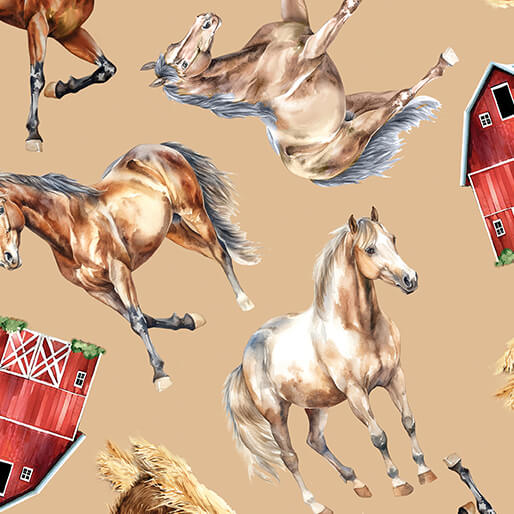 Pattern of horses and red barns on a beige background