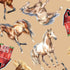 Pattern of horses and red barns on a beige background