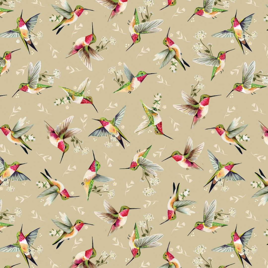 A repeating watercolor-style pattern of hummingbirds and small white flowers on a warm beige background.