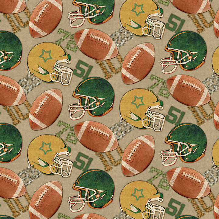 A repeating pattern featuring brown footballs, green and yellow helmets, and faded green numbers on a beige background.