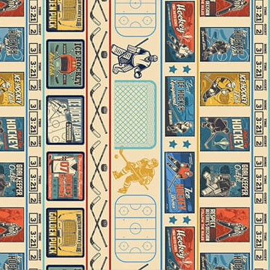 A repeating fabric pattern featuring vintage hockey-themed ticket stubs, skates, hockey sticks, and rink boards in blue, red, yellow, black, and cream.