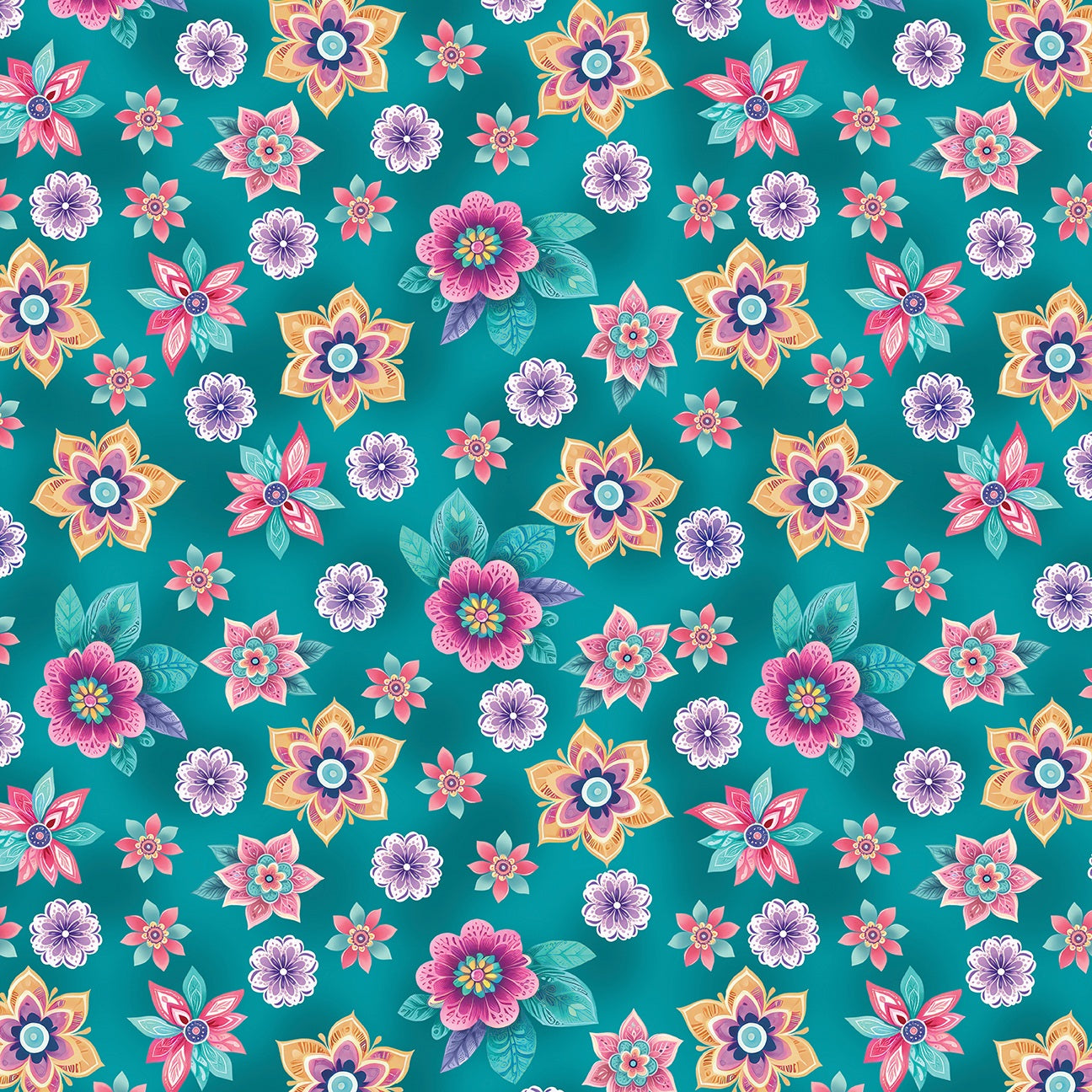 A repeating floral pattern on a teal background, featuring stylized flowers in pink, purple, yellow, orange, and green.