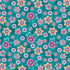 A repeating floral pattern on a teal background, featuring stylized flowers in pink, purple, yellow, orange, and green.