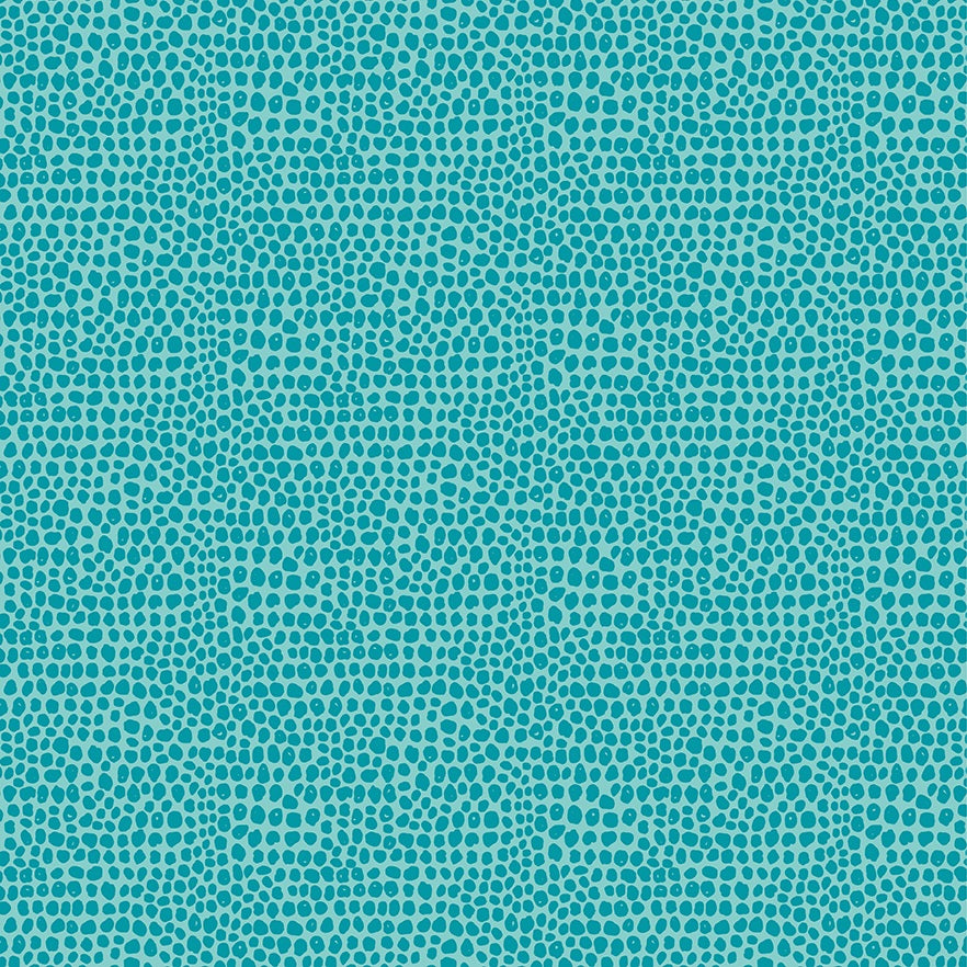 A close-up of a repeating pattern featuring small dark teal dots arranged in irregular rows over a lighter turquoise background.