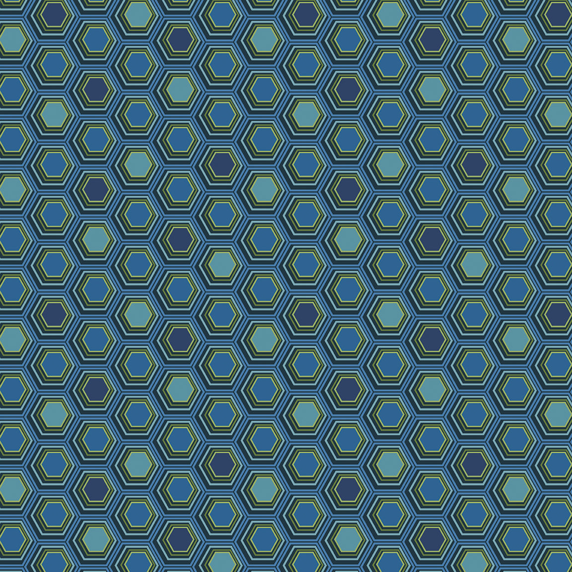 A repeating geometric pattern of hexagons in shades of blue, teal, and navy, outlined with thin green lines.