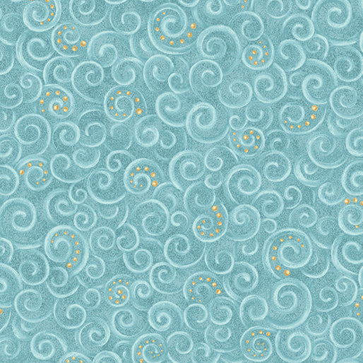 Pattern of swirling lines and dots on a teal background