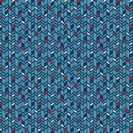 A repeating geometric pattern featuring vertical blue and teal stripes with small red, white, and dark blue accents, arranged in a stylized herringbone or brick-like design.