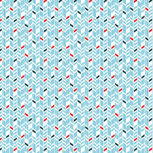 A repeating geometric pattern featuring light blue 3D cube-like shapes on a white background, accented with small red, black, and gray diagonal stripes.