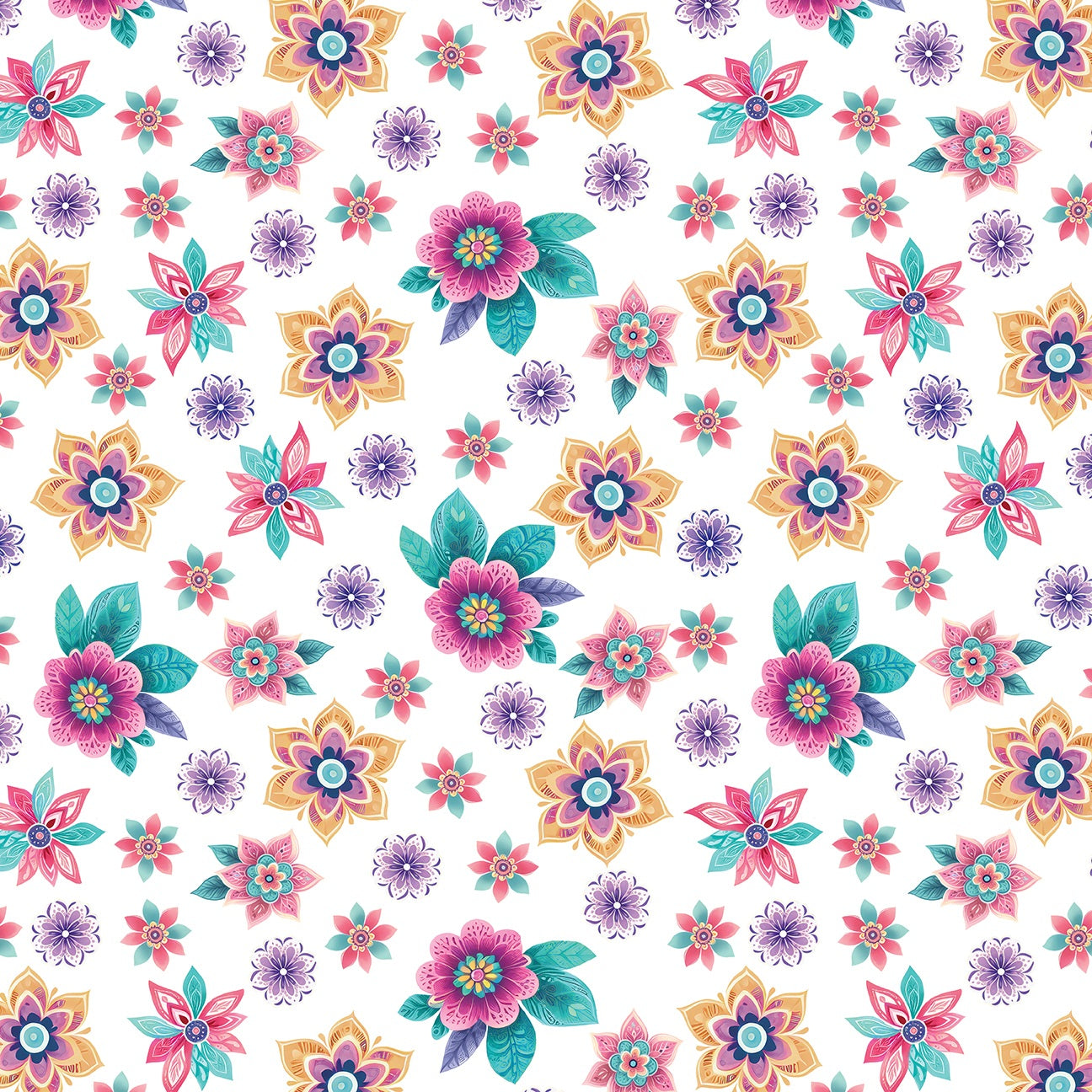 A repeating watercolor floral pattern on a white background, featuring pink, purple, teal, and yellow flowers with green leaves.