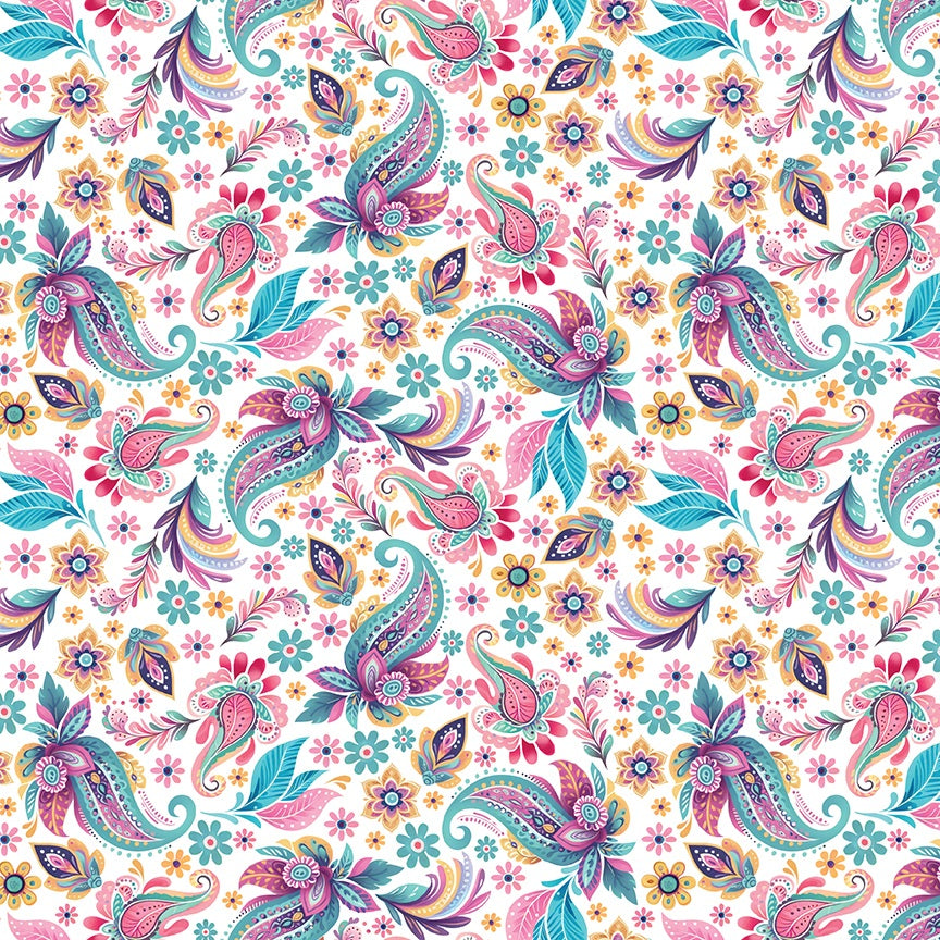 A seamless paisley pattern featuring vibrant pink, teal blue, purple, and orange motifs on a clean white background.