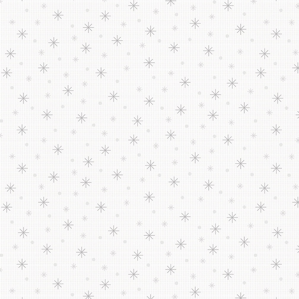 A seamless repeating pattern of light gray snowflakes and tiny dots on a white background, resembling a Christmas fabric