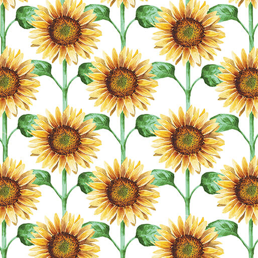 Pattern of sunflowers with green leaves on a white background