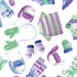 Pattern of winter accessories including hats, scarves, and mittens in purple, green, and blue on a white background.