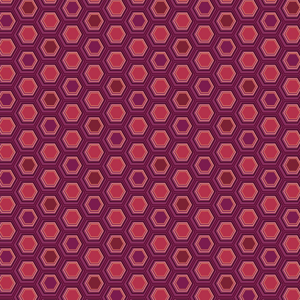 A repeating geometric pattern of hexagons in shades of pink, red, and purple with thin cream outlines, filling the entire frame.