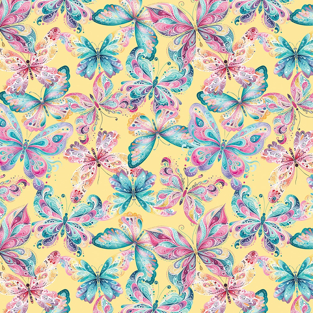 A seamless watercolor pattern featuring colorful butterflies in shades of pink, teal, and purple on a soft yellow background.