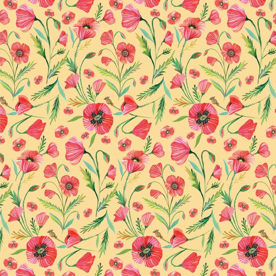 A repeating floral pattern featuring pink poppy flowers with green stems and leaves on a pale yellow background.
