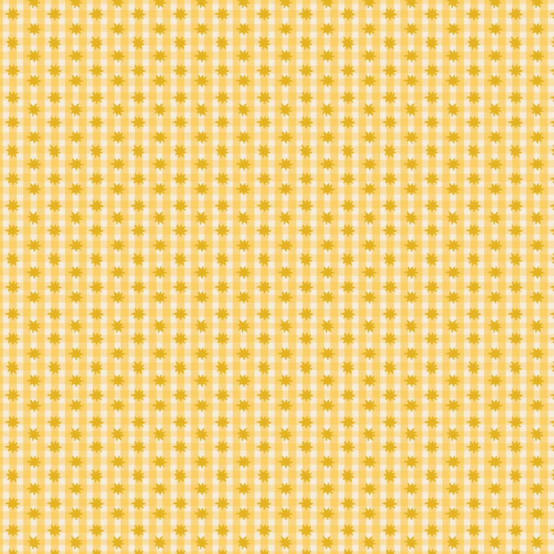 A repeating yellow and white gingham pattern with small star-like motifs in the center of each check.