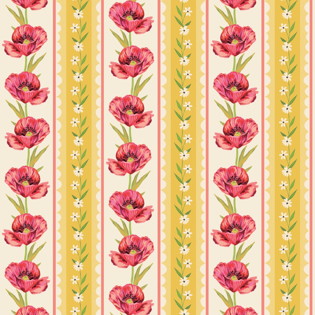 A repeating vertical floral pattern featuring pink flowers with green stems on cream and yellow striped bands, with small white flowers and scalloped yellow borders.