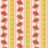 A repeating vertical floral pattern featuring pink flowers with green stems on cream and yellow striped bands, with small white flowers and scalloped yellow borders.