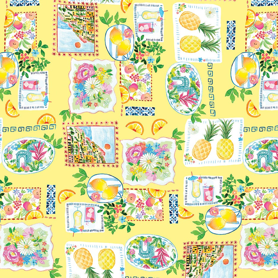 Fabric Benartex Yellow Tropical Stamps Tropical Splash by the Quarter Yard 15183-33