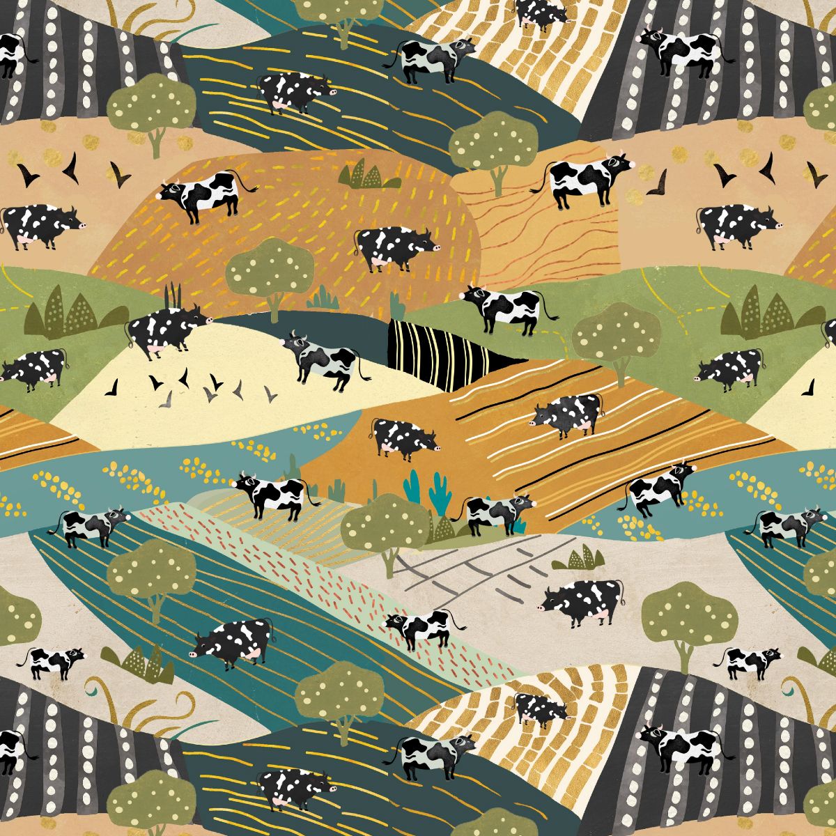 A stylized repeating pattern of black-and-white cows on rolling tan, green, blue, and cream hills with trees and geometric fields.