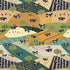 A stylized repeating pattern of black-and-white cows on rolling tan, green, blue, and cream hills with trees and geometric fields.