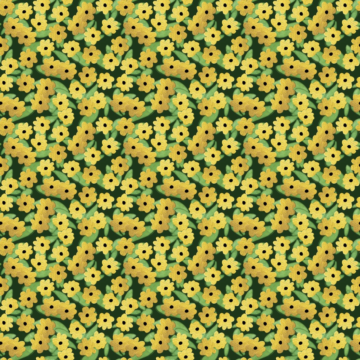 A dense repeating pattern of small yellow flowers with dark centers and green leaves on a dark background.