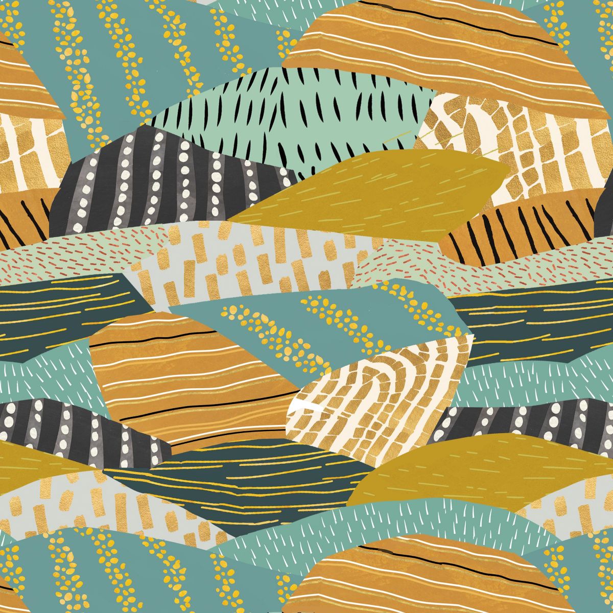 A repeating abstract pattern of stylized hills and waves in teal, mustard yellow, cream, black, and olive green, each filled with different line and dot textures.