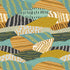 A repeating abstract pattern of stylized hills and waves in teal, mustard yellow, cream, black, and olive green, each filled with different line and dot textures.