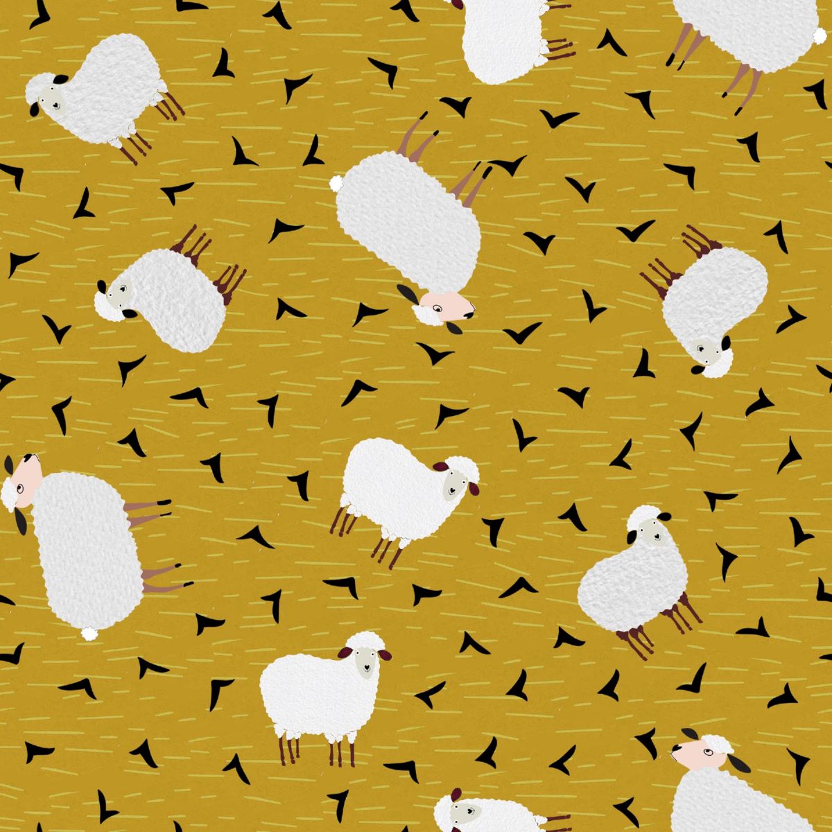 A repeating pattern of stylized white sheep with pink faces and brown legs on a mustard yellow background with small black bird silhouettes.