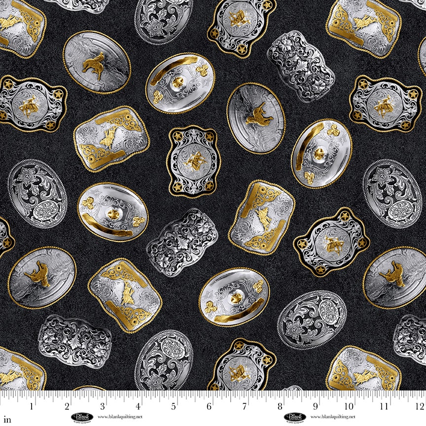 Fabric Blank Quilting Black Belt Buckles Spurs & Spirit by the Quarter Yard 4522-99