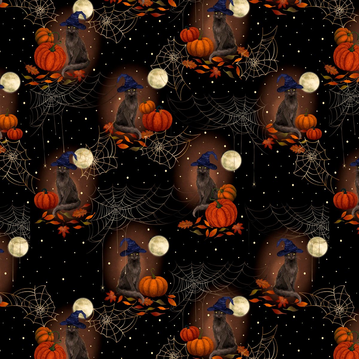 Fabric Blank Quilting Black Cats with Witch Hats and Pumpkins Harvest Haunt by the Quarter Yard 4807-99