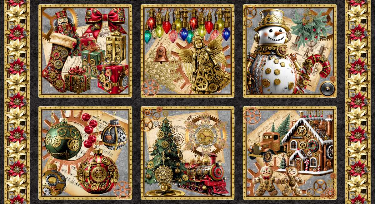 Decorative Christmas-themed fabric with various elements like stockings, angels, snowmen, and gingerbread houses.