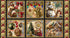 Decorative Christmas-themed fabric with various elements like stockings, angels, snowmen, and gingerbread houses.