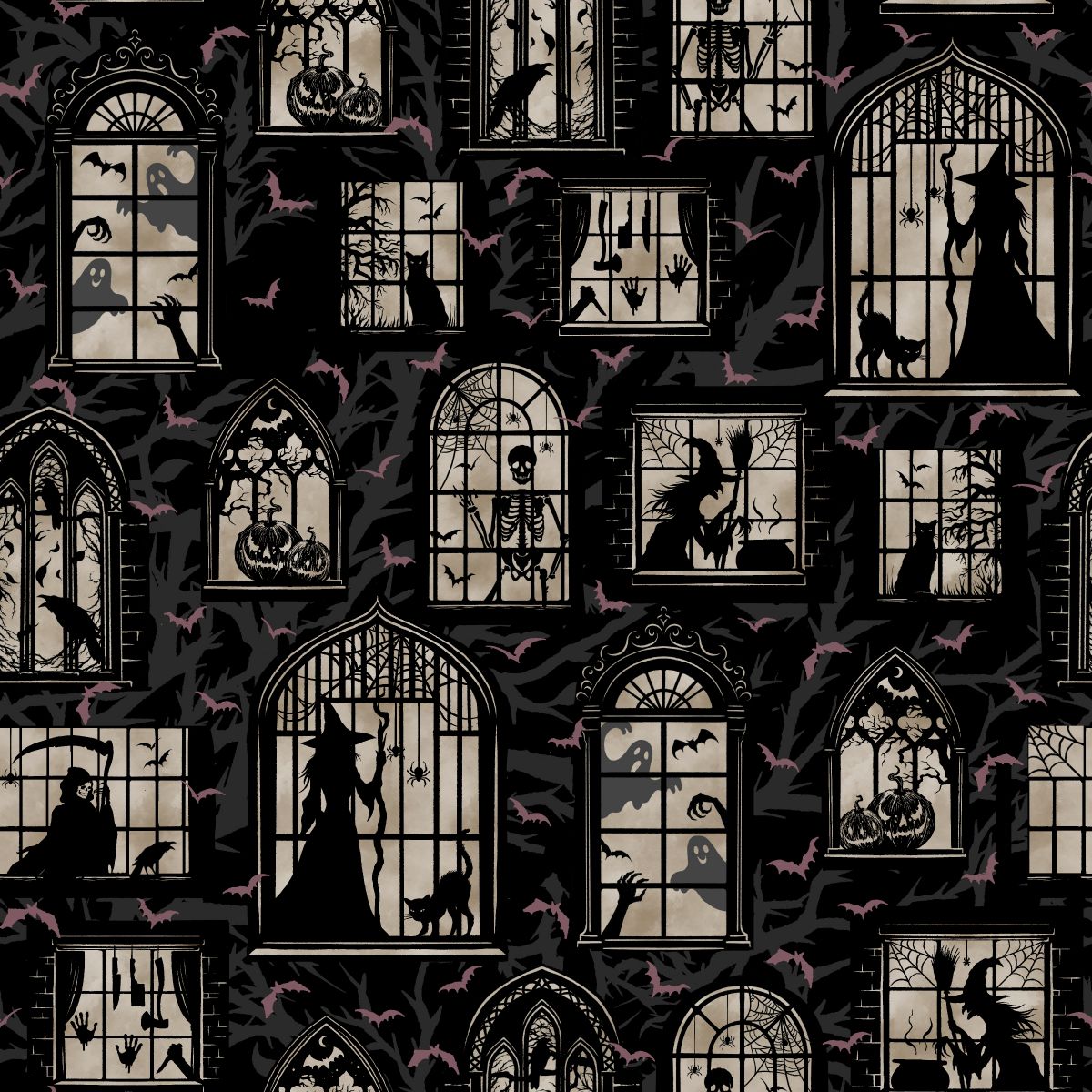 Fabric Blank Quilting Black Mansion Windows with Spooky Silhouettes Darkly Enchanted by the Quarter Yard 4793-99