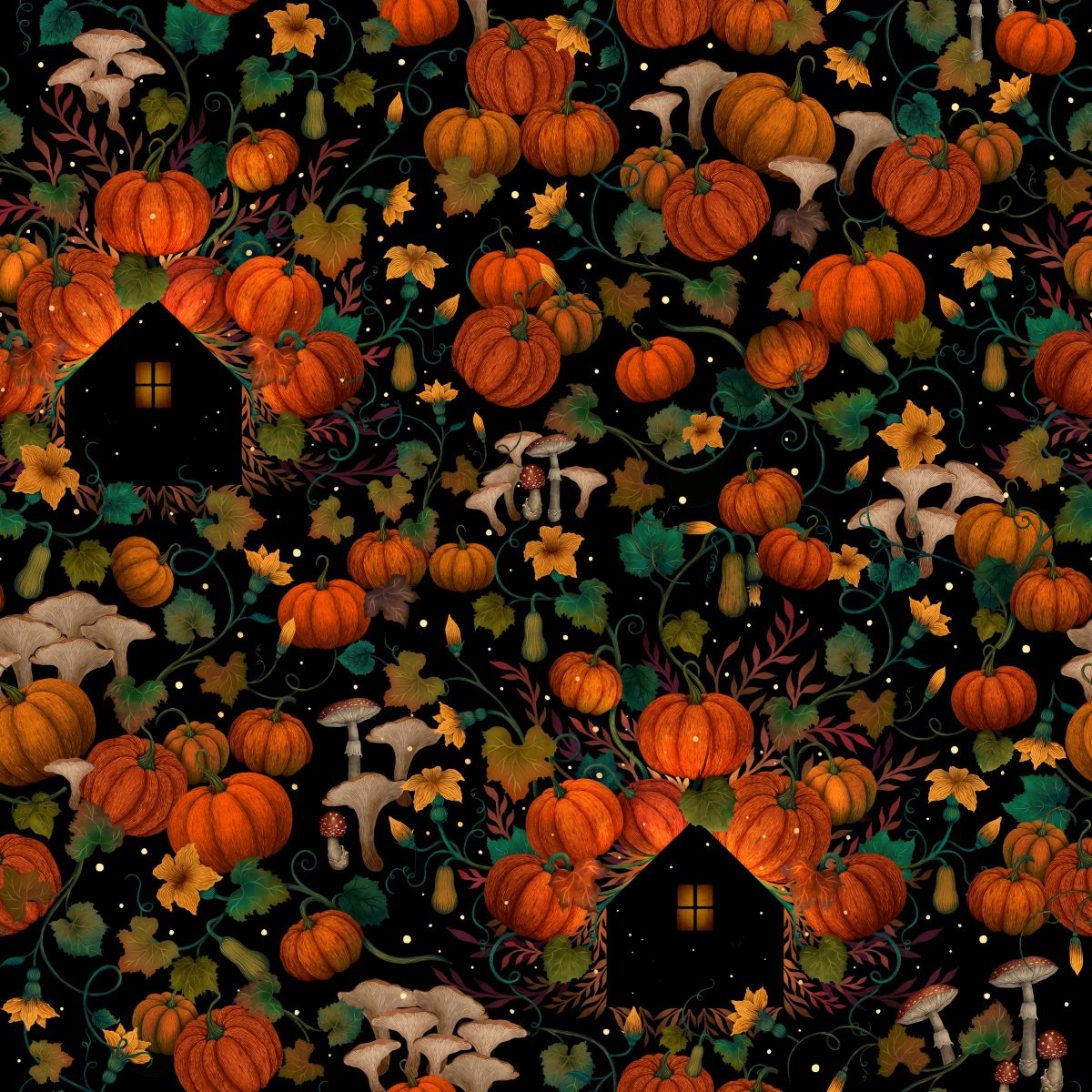 Fabric Blank Quilting Black Pumpkin House Silhouettes Harvest Haunt by the Quarter Yard 4804-99