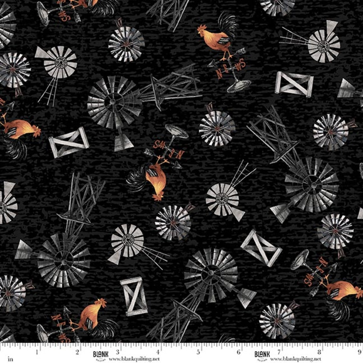 Pattern of windmills and roosters on a black background