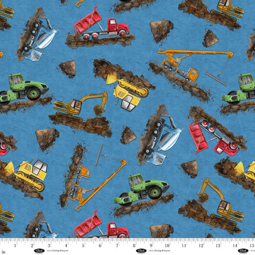 Fabric Blank Quilting Blue Construction Equipment Let's Get Building by the Quarter Yard 4395-75