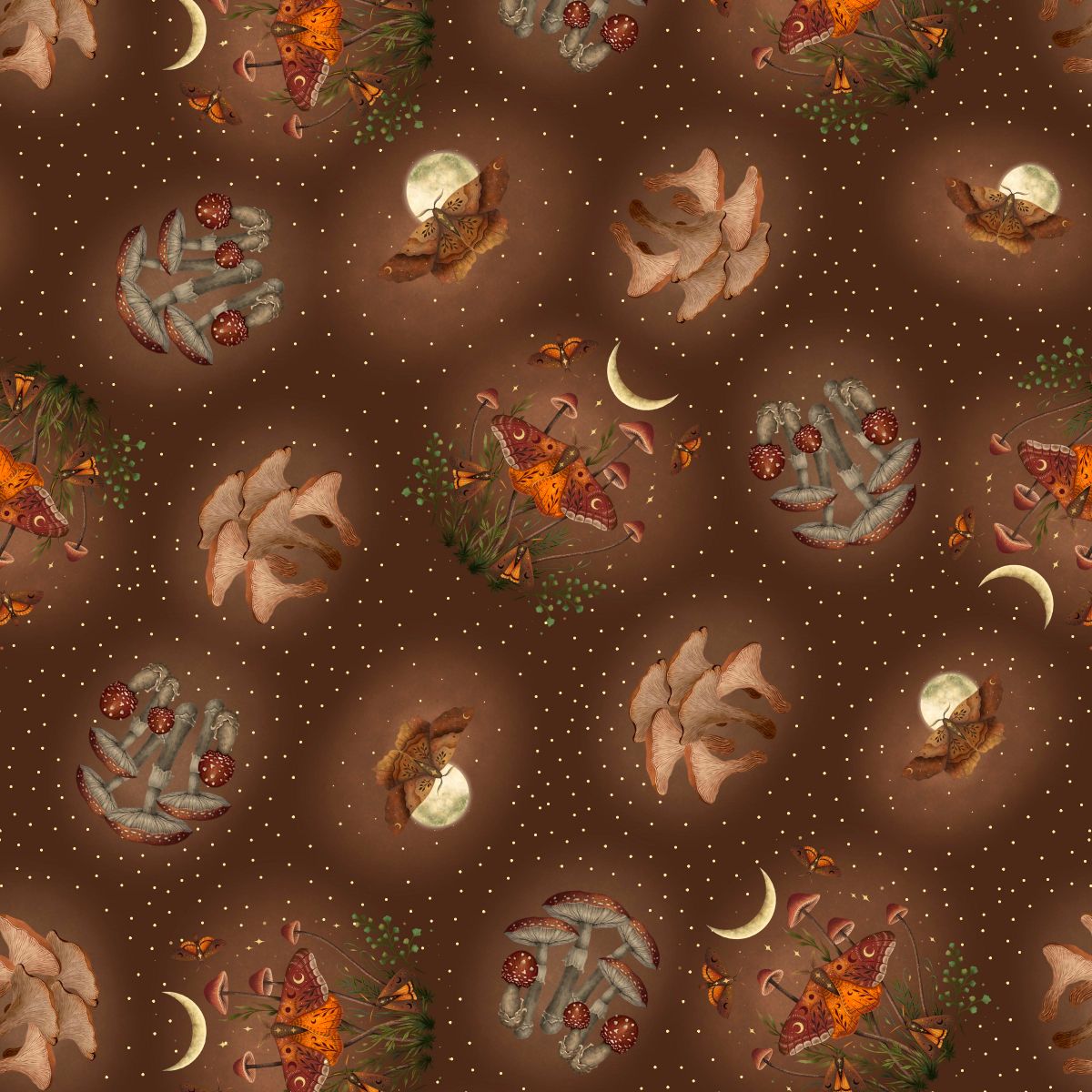 Fabric Blank Quilting Brown Moths and Mushrooms Harvest Haunt by the Quarter Yard 4812-39