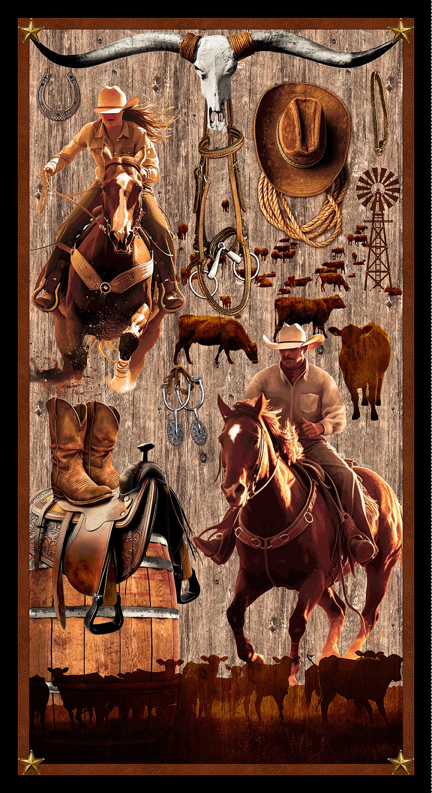 Fabric Blank Quilting Brown Spurs & Spirit Cowboy 24x44" Panel 4532P-39