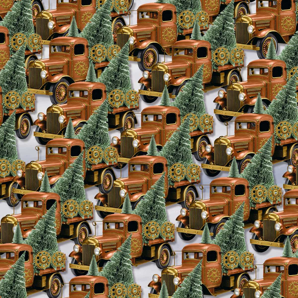 Pattern of vintage trucks and Christmas trees on a white background