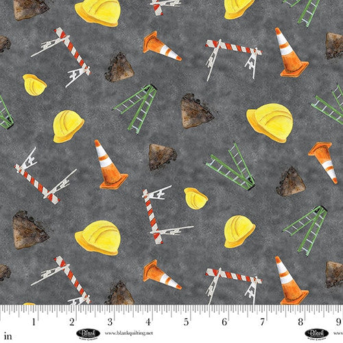 Fabric Blank Quilting Dark Gray Construction Hat Traffic Cones & Ladders Let's Get Building by the Quarter Yard 4397-95