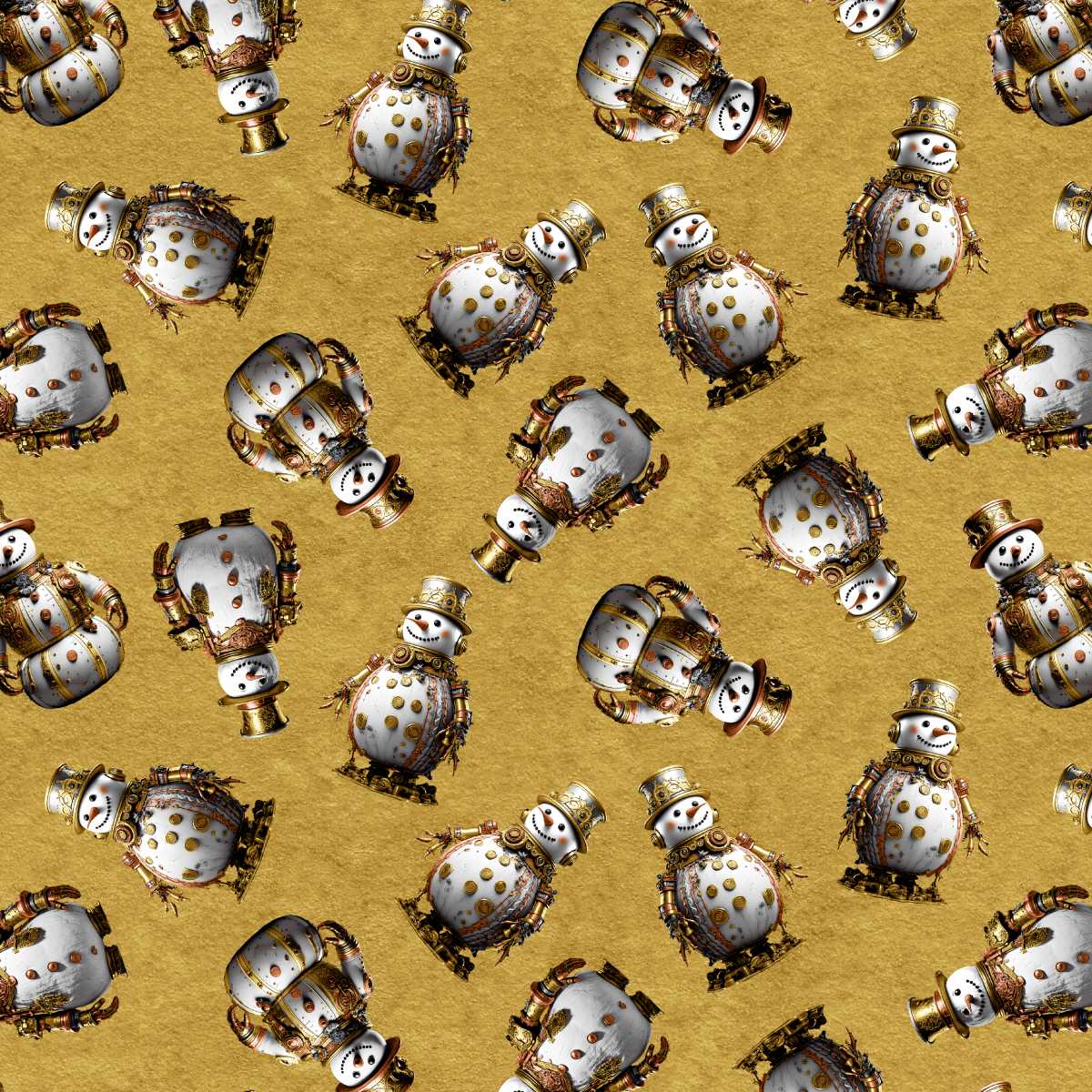 Pattern of decorative snowmen with gold accents on a gold background