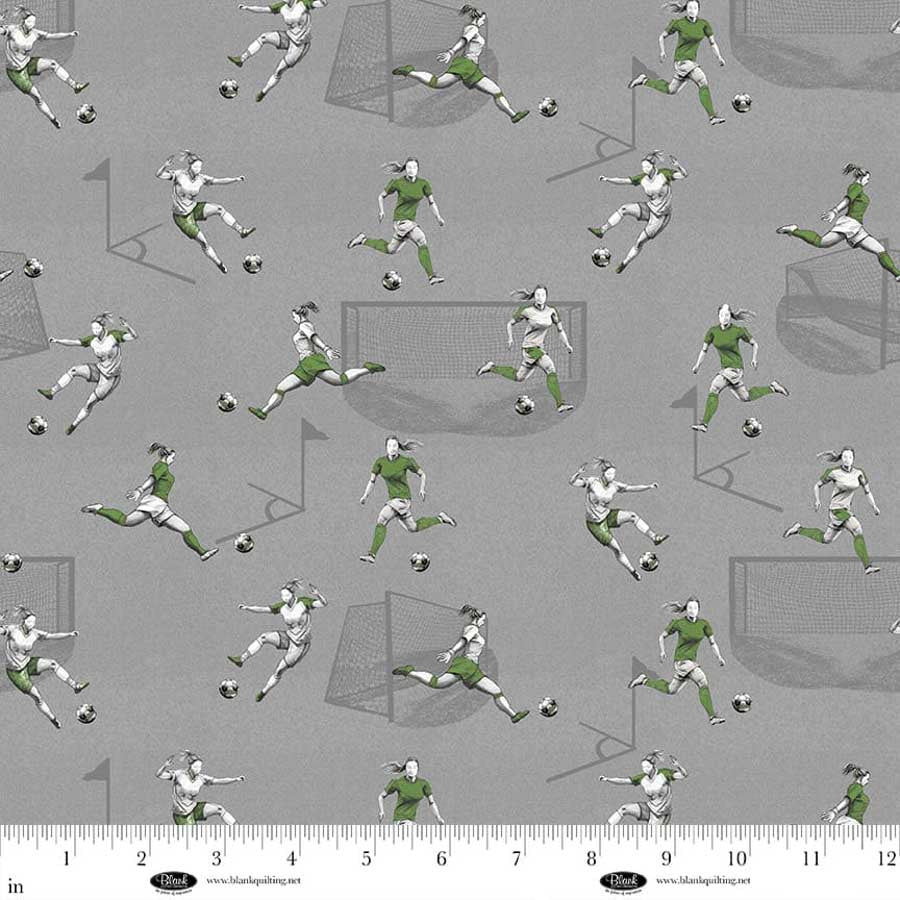 Fabric Blank Quilting Gray Lady Soccer Players Goalbound by the Quarter Yard 4753-90