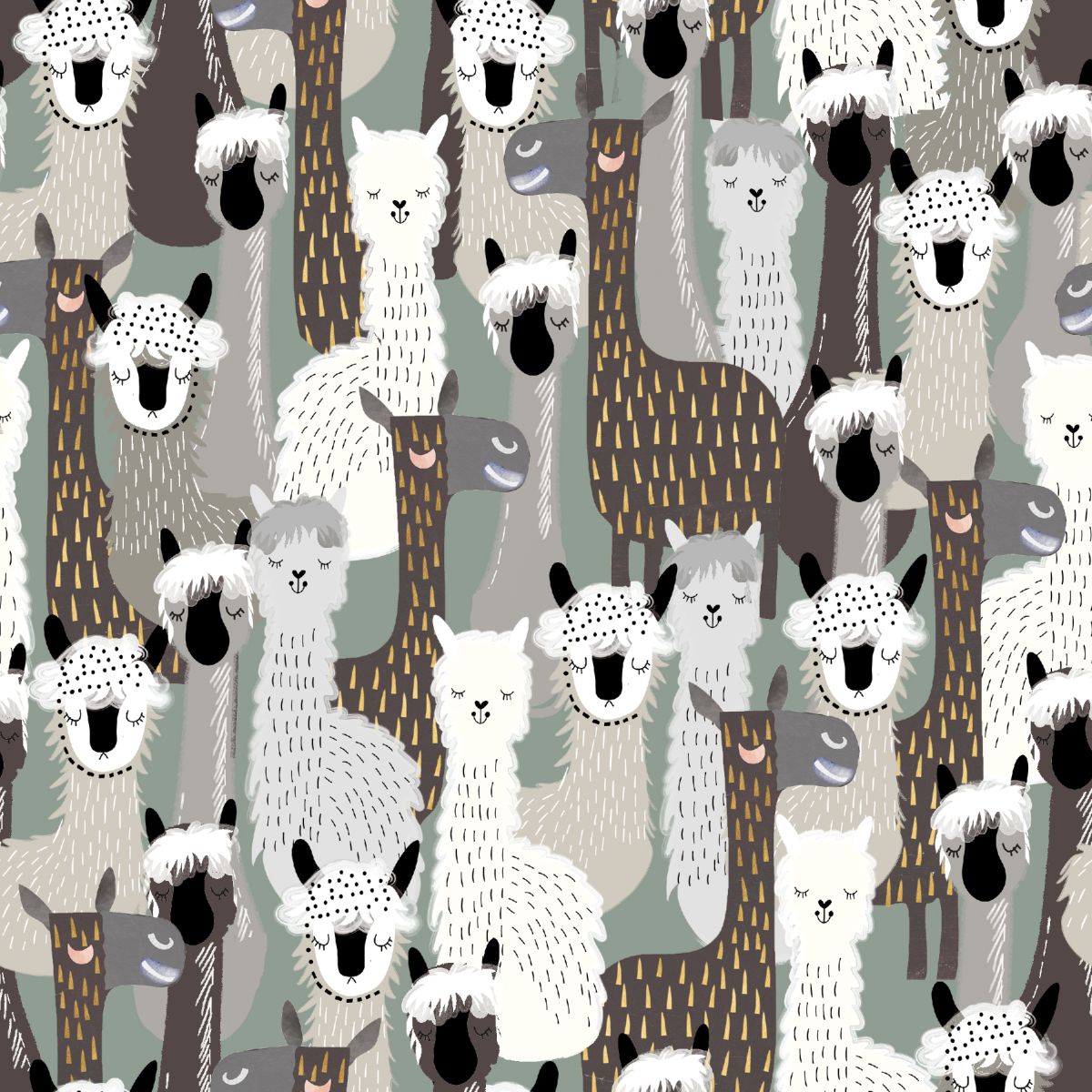 A repeating illustrated pattern of stylized white and gray alpacas with black facial features and brown patterned bodies on a muted sage-gray background.