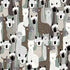 A repeating illustrated pattern of stylized white and gray alpacas with black facial features and brown patterned bodies on a muted sage-gray background.