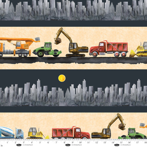 Fabric Blank Quilting Gray / Peach Construction Equipment and Cityscape Let's Get Building by the Quarter Yard 4400-41